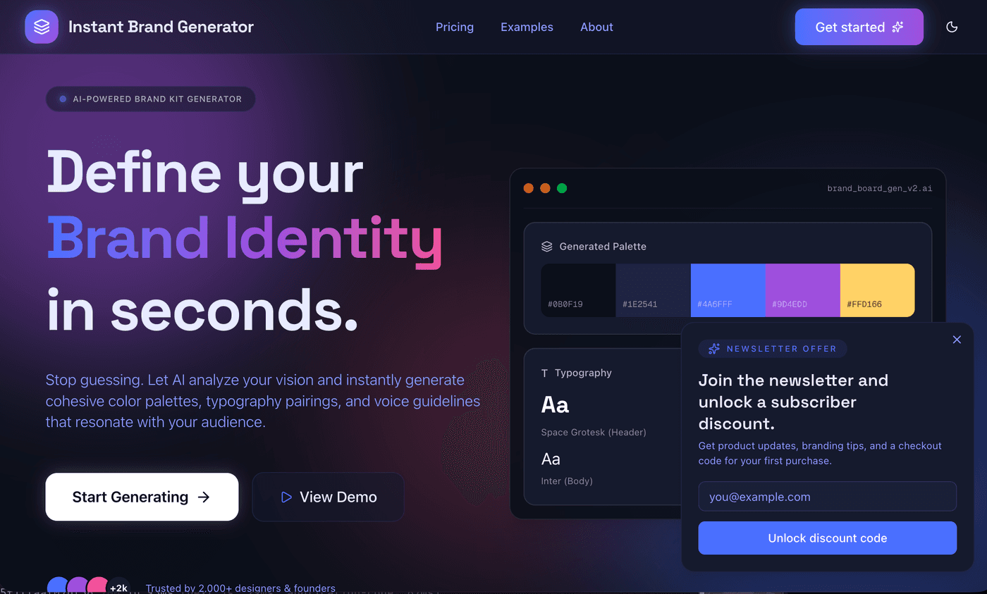 Instant Brand Generator hero — 'Define your Brand Identity in seconds' with a generated palette and typography preview.