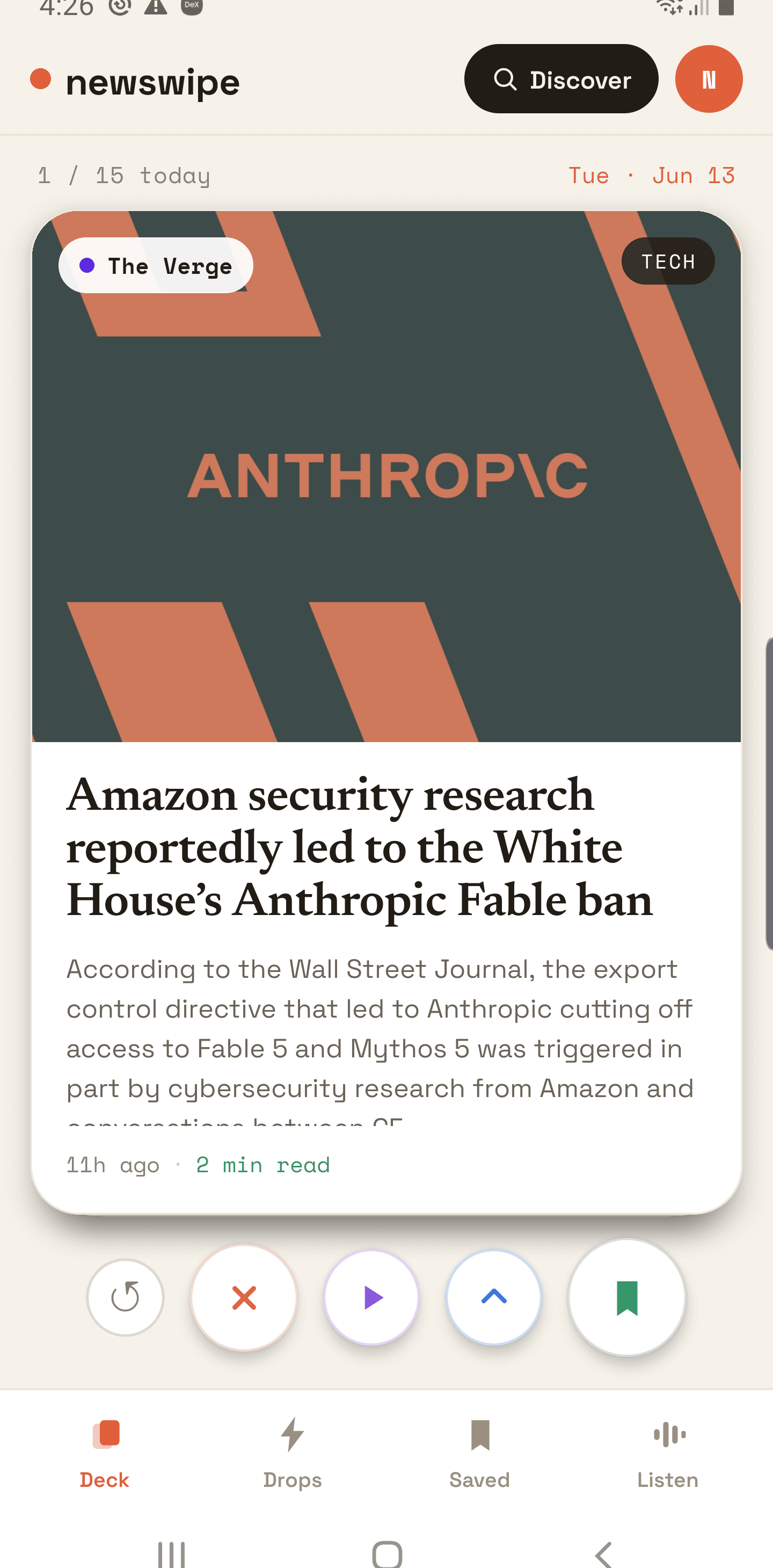 newswipe deck — a swipeable story card from The Verge with cover art and headline.