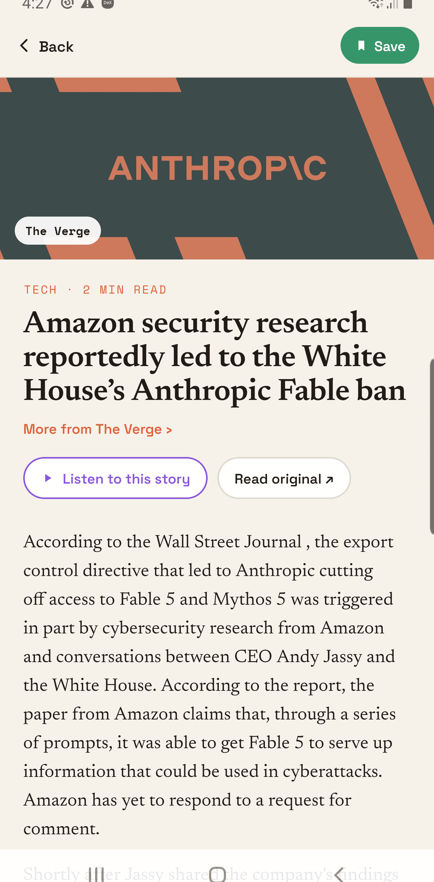 newswipe reader — full article text with Listen-to-story and Read-original actions.