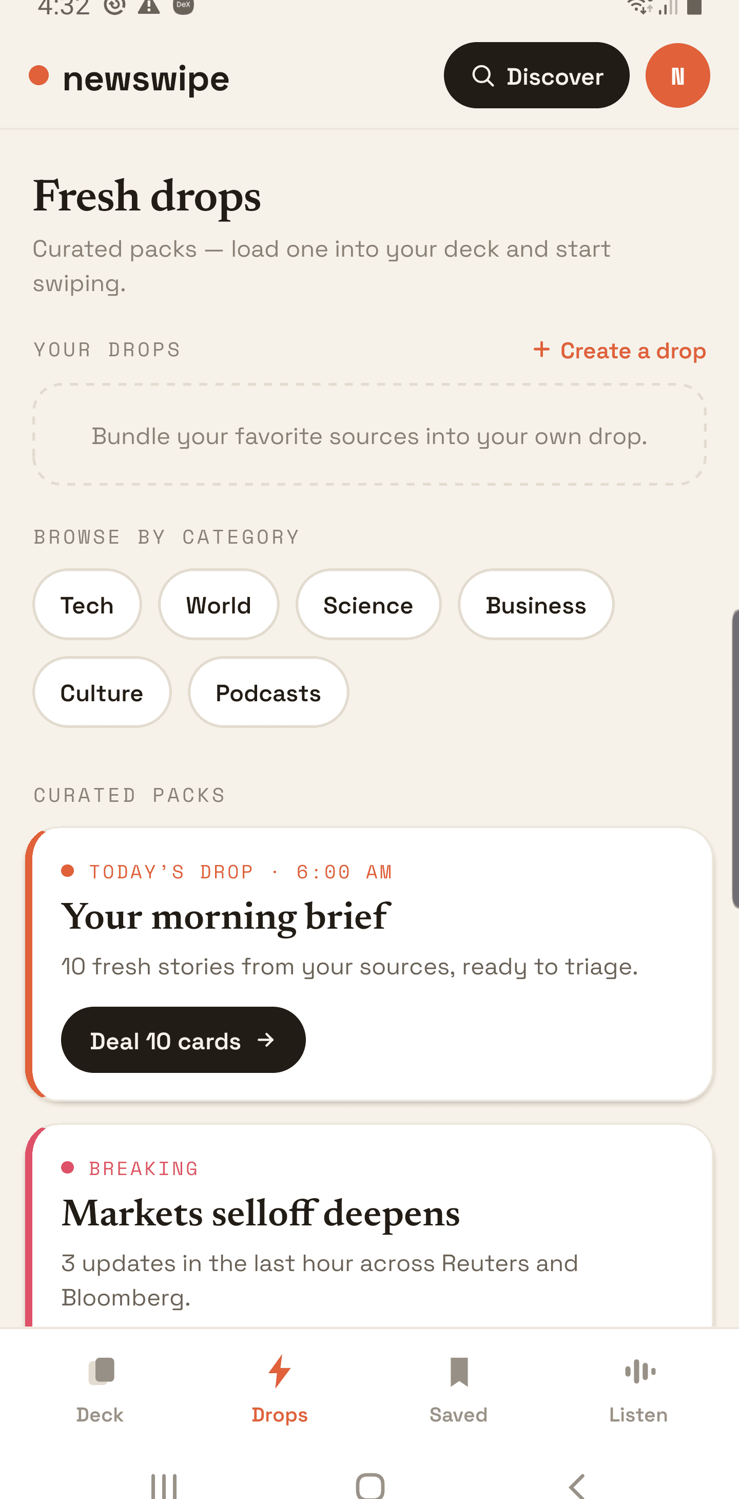 newswipe drops — curated packs like 'Your morning brief' and browse-by-category.