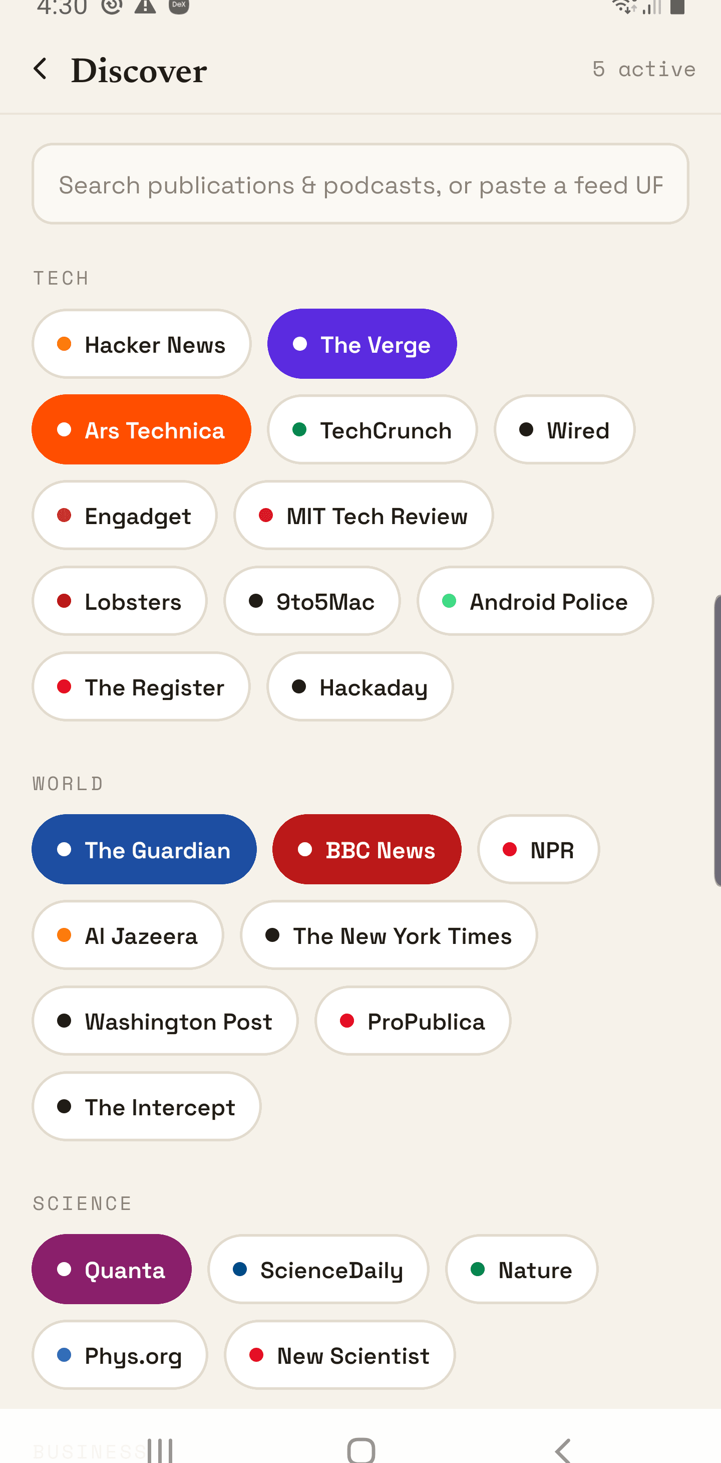 newswipe discover — search publications and podcasts across Tech, World, Science and more.