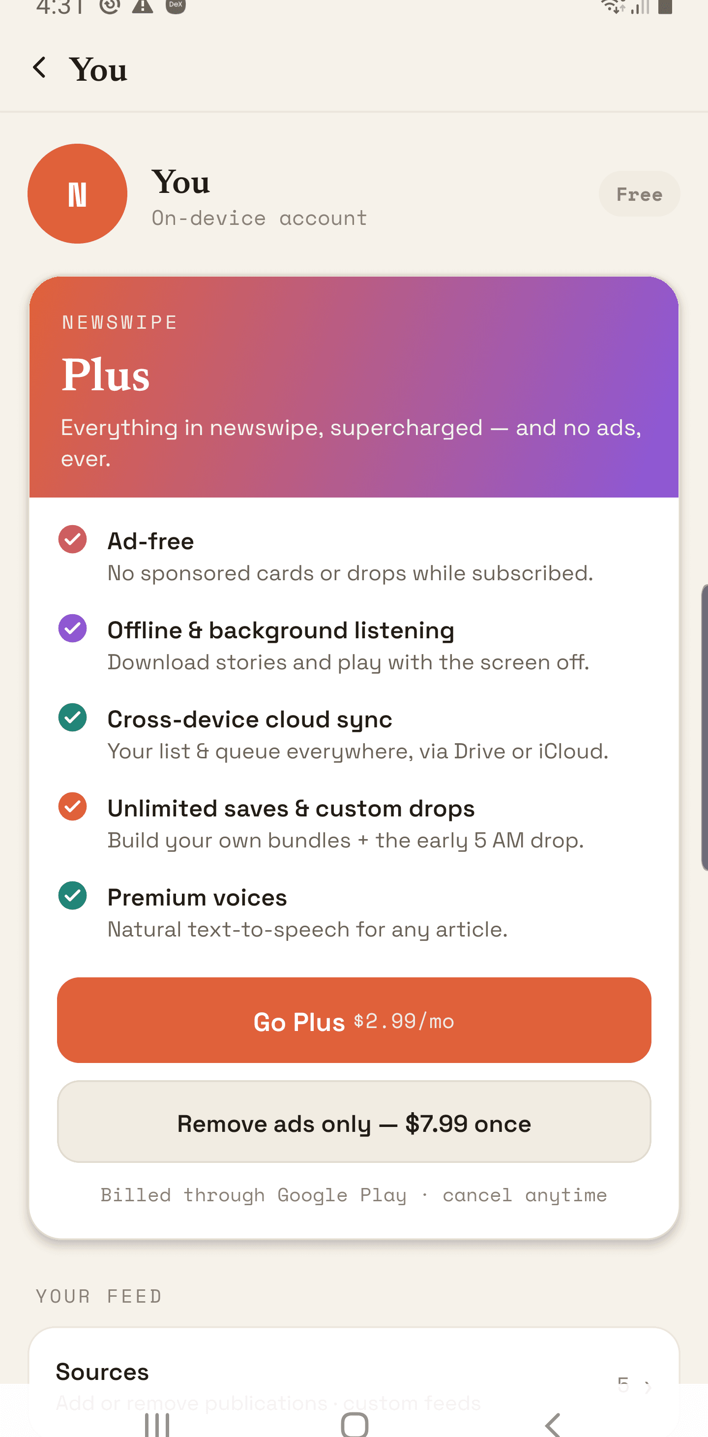 newswipe Plus — ad-free, cloud sync, offline listening, premium voices, unlimited saves.