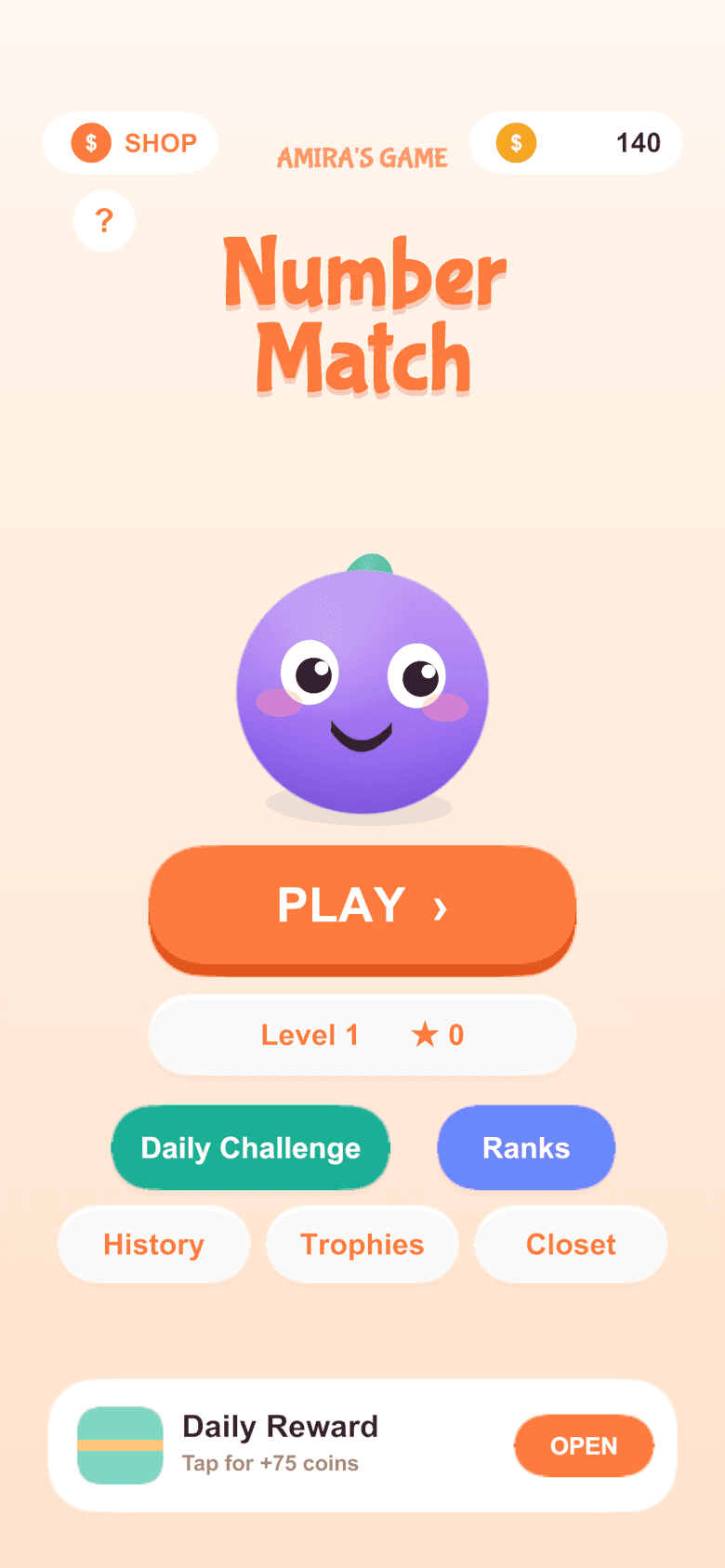 Number Match home screen with the bubbly logo and Amira the grape mascot.