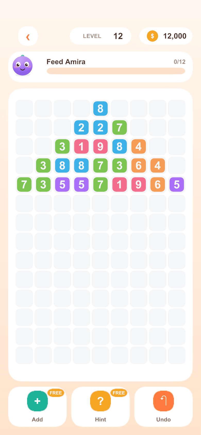 Gameplay — a pyramid stage of make-ten candy tiles, partners sharing a colour.