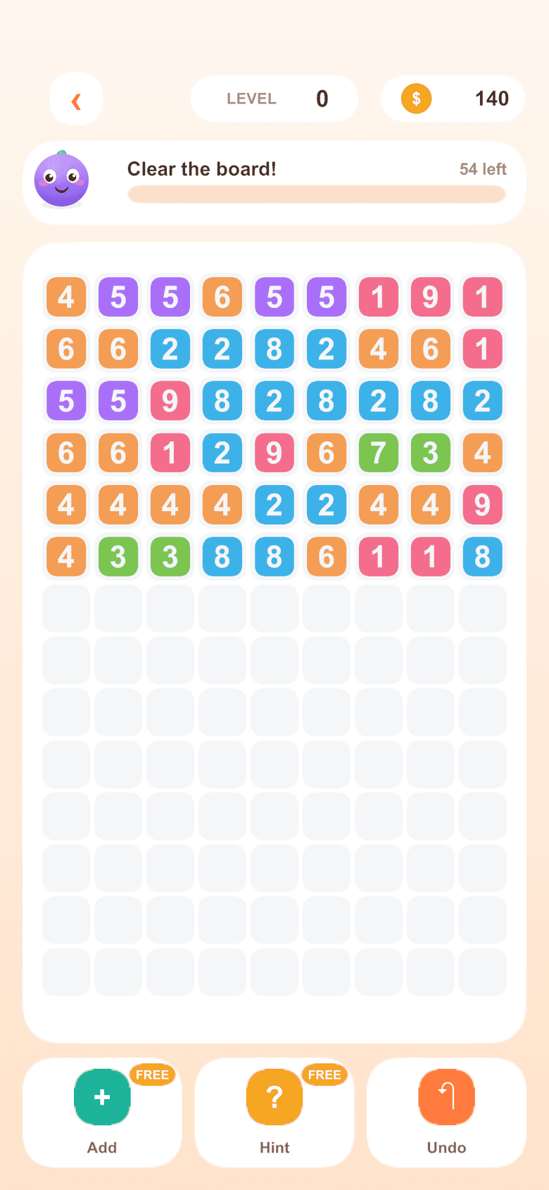 Daily mode — a full board with a 'Clear the board!' meter.