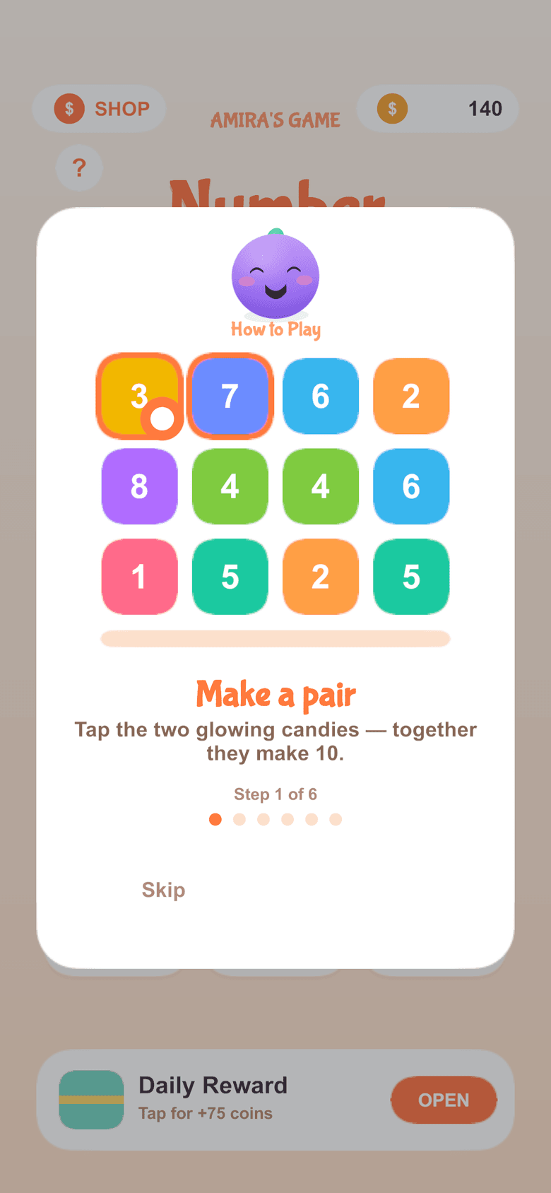 How to play — tap two candies that match or add up to ten.