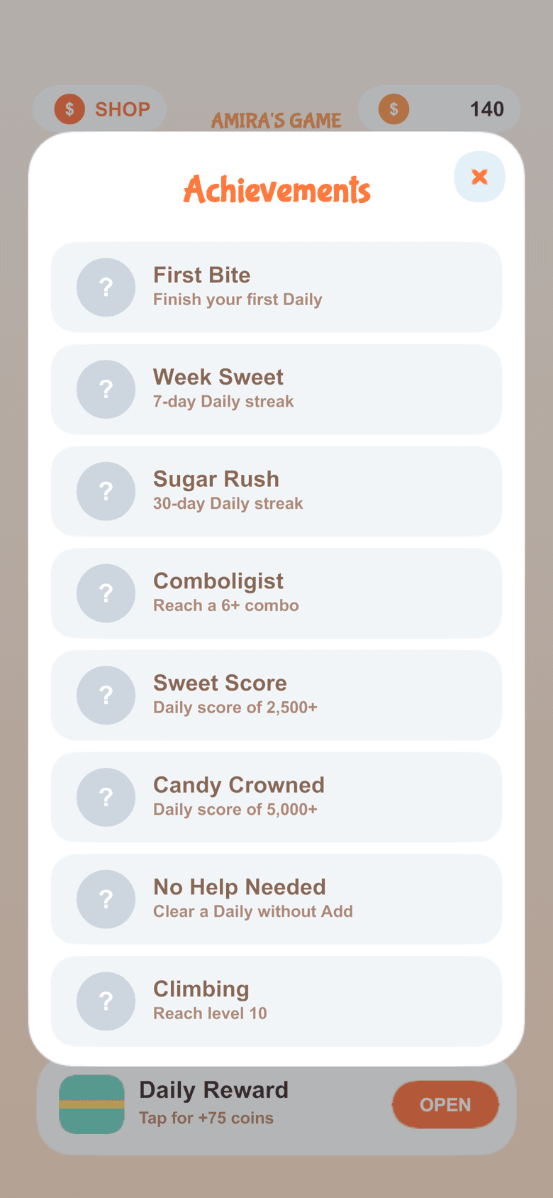 Achievements to unlock as you play.