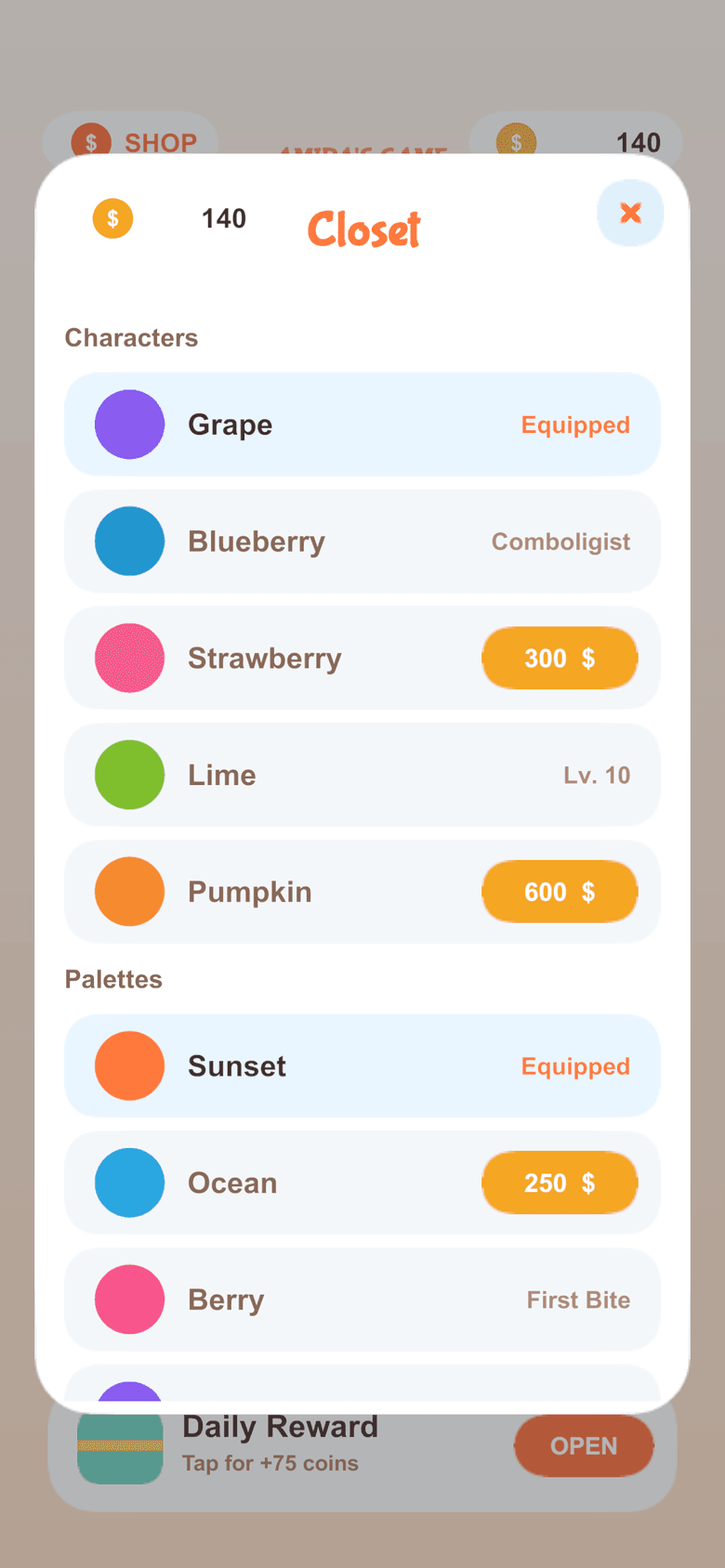 Closet — unlock and equip characters, palettes and sound packs.