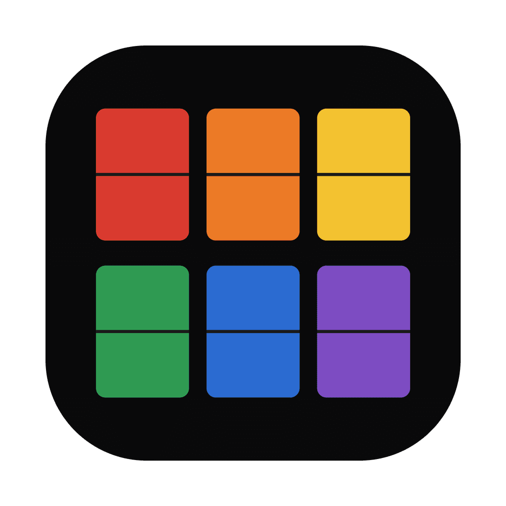 Rattleboard icon — six split-flap tiles in red, orange, yellow, green, blue and violet on a black rounded square.