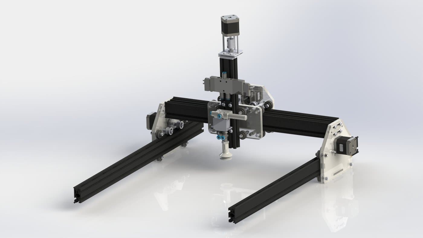 Shroomba gantry — 3D CAD render of the mushroom-picking robot's gantry frame and pick-head.