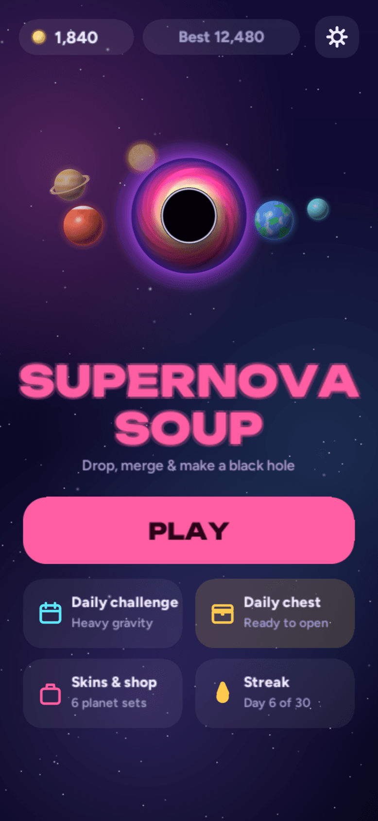 Supernova Soup home screen — the pink title over a black hole ringed by planets, with a Play button below.