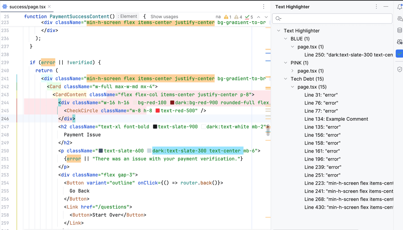 Text Highlighter IntelliJ plugin — code editor with red and pink highlights, and the Text Highlighter tool window listing tagged occurrences.