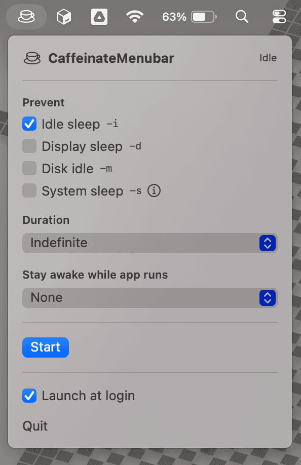 CaffeinateMenubar popover showing the Prevent flag picker, Duration, and Start button.