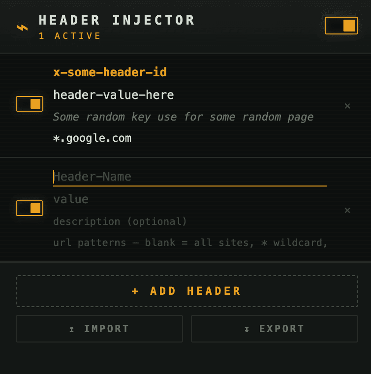 Header Injector popup — a header rule named x-some-header-id with a value, description, and a *.google.com URL pattern, above an empty new-header row and the Add / Import / Export controls.