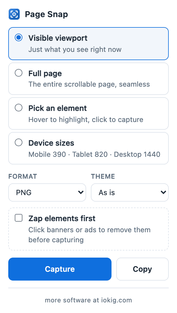 Page Snap panel — capture modes for visible viewport, full page, pick an element, and device sizes, above a Capture button.