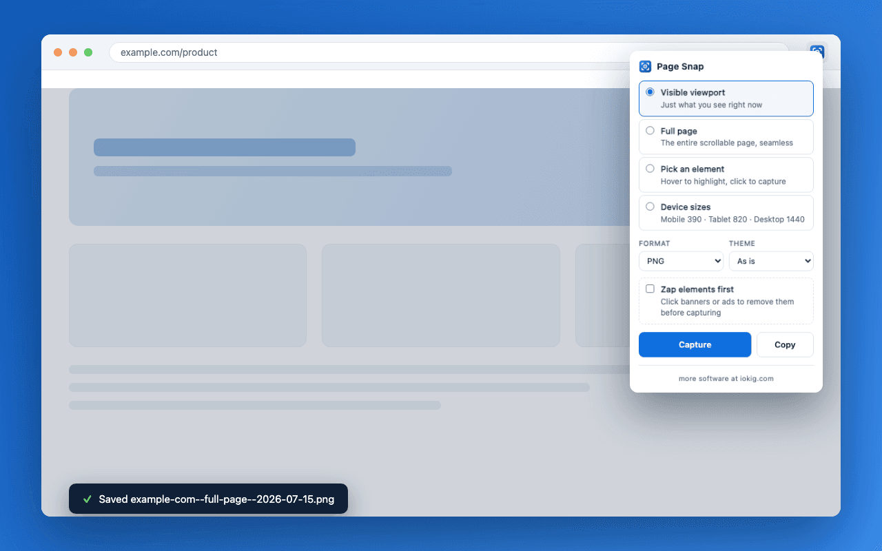Page Snap open over a page — the panel lists visible viewport, full page, pick an element, and device sizes modes, with a saved-file toast in the corner.