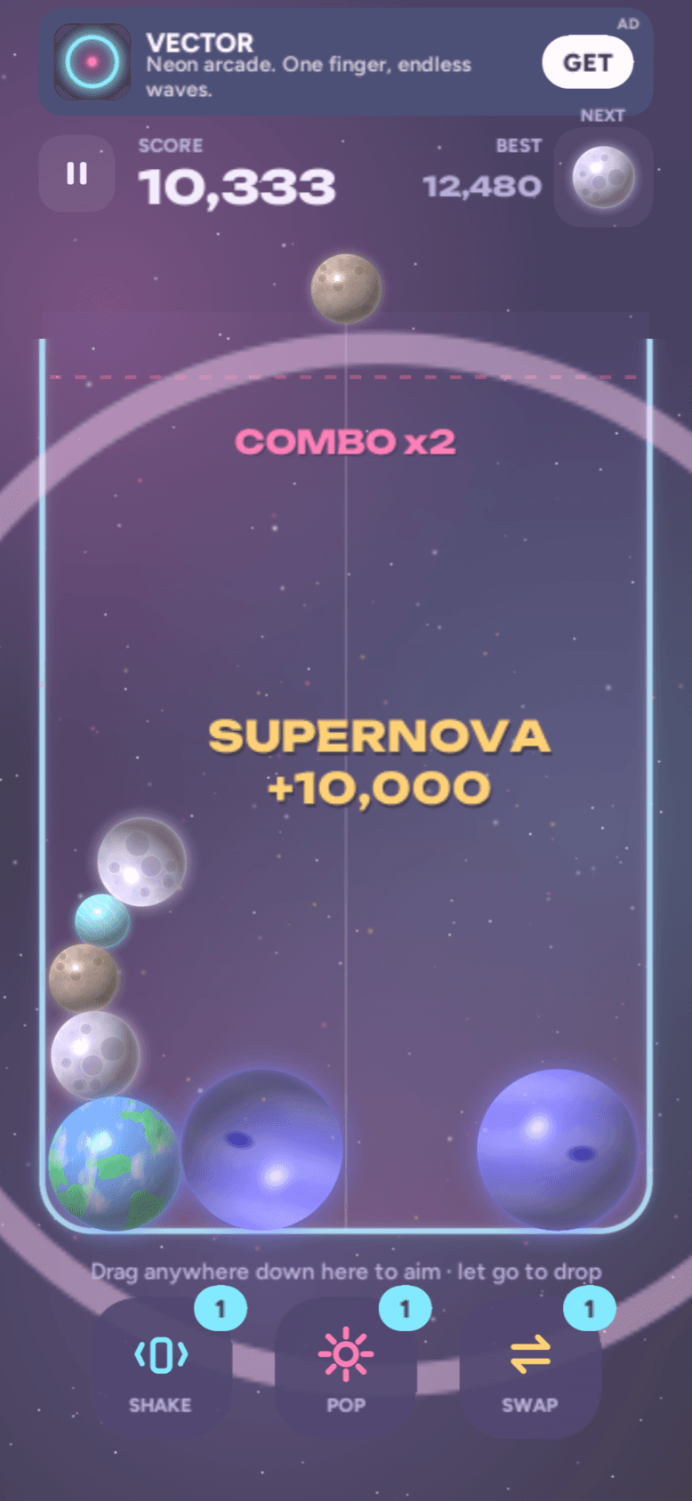 A supernova — a shockwave ring across the jar with 'SUPERNOVA +10,000' and 'COMBO x2'.