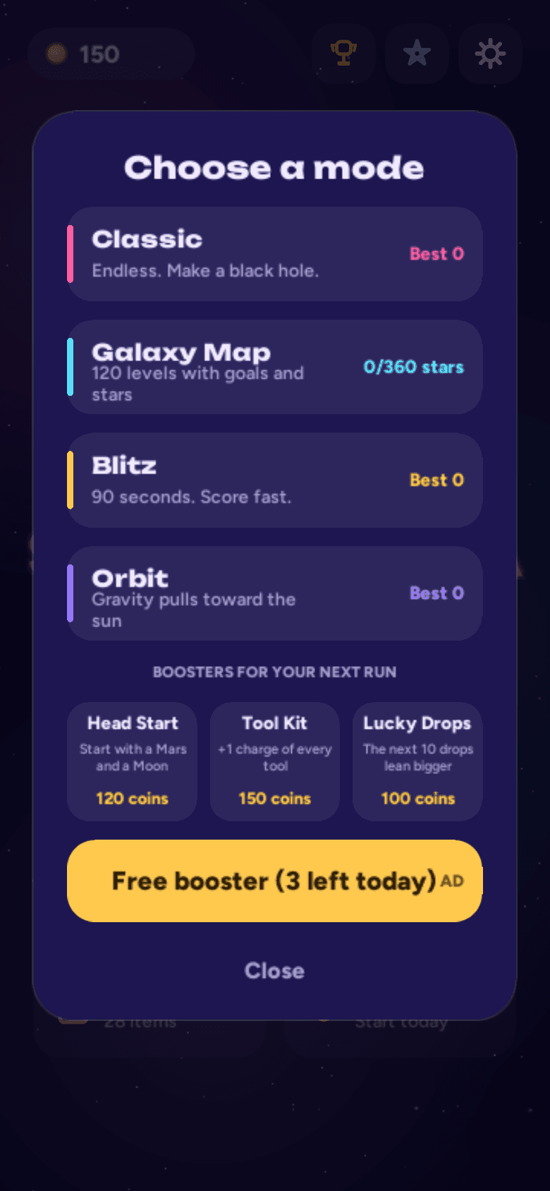 Mode select — Classic, Galaxy Map, Blitz and Orbit, with Head Start, Tool Kit and Lucky Drops boosters below.