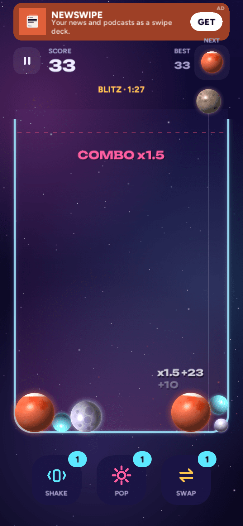 Blitz mode — a countdown timer at 1:27 above the jar and a ×1.5 combo.