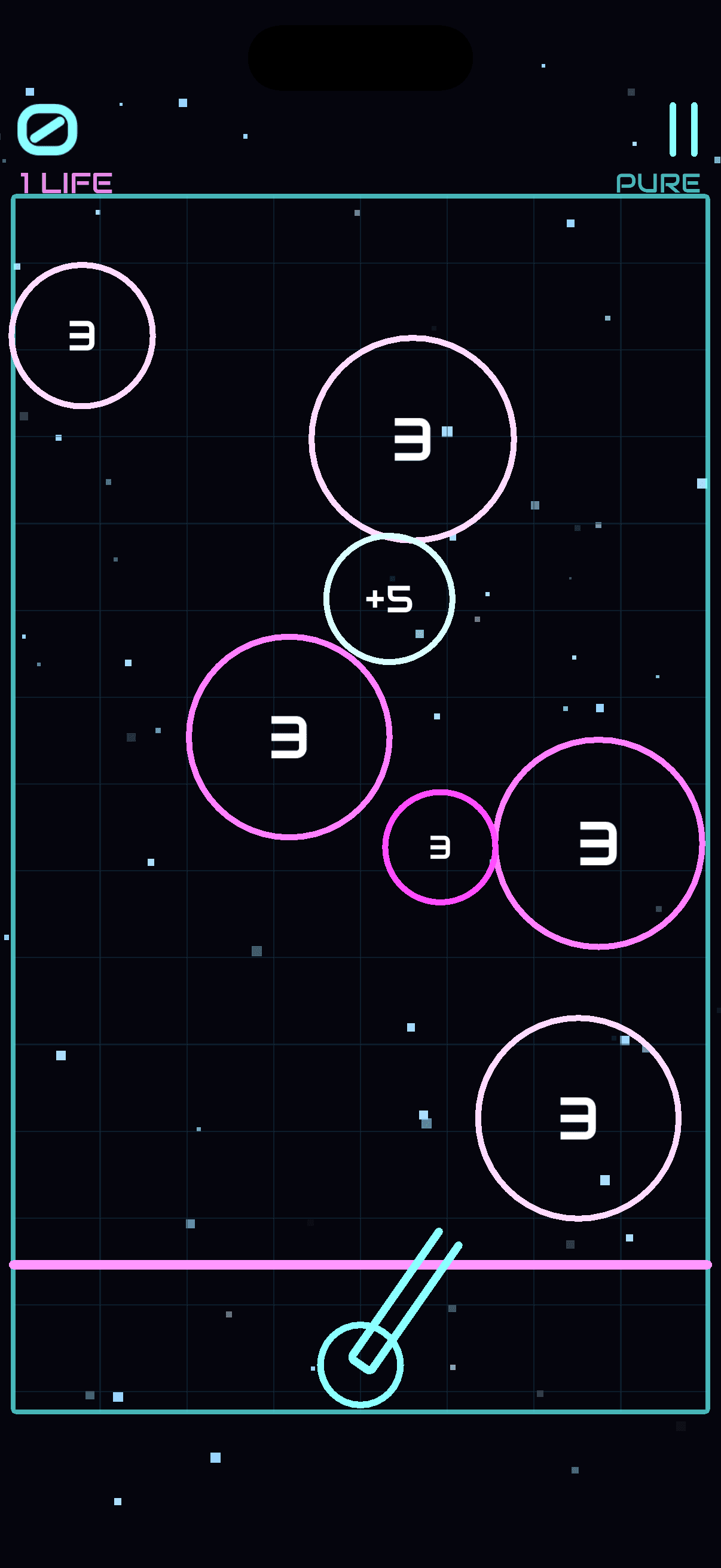 Vector Pure mode — pink rings on a dark neon field, including an ice-blue Frozen +5 ring, with the death line below.