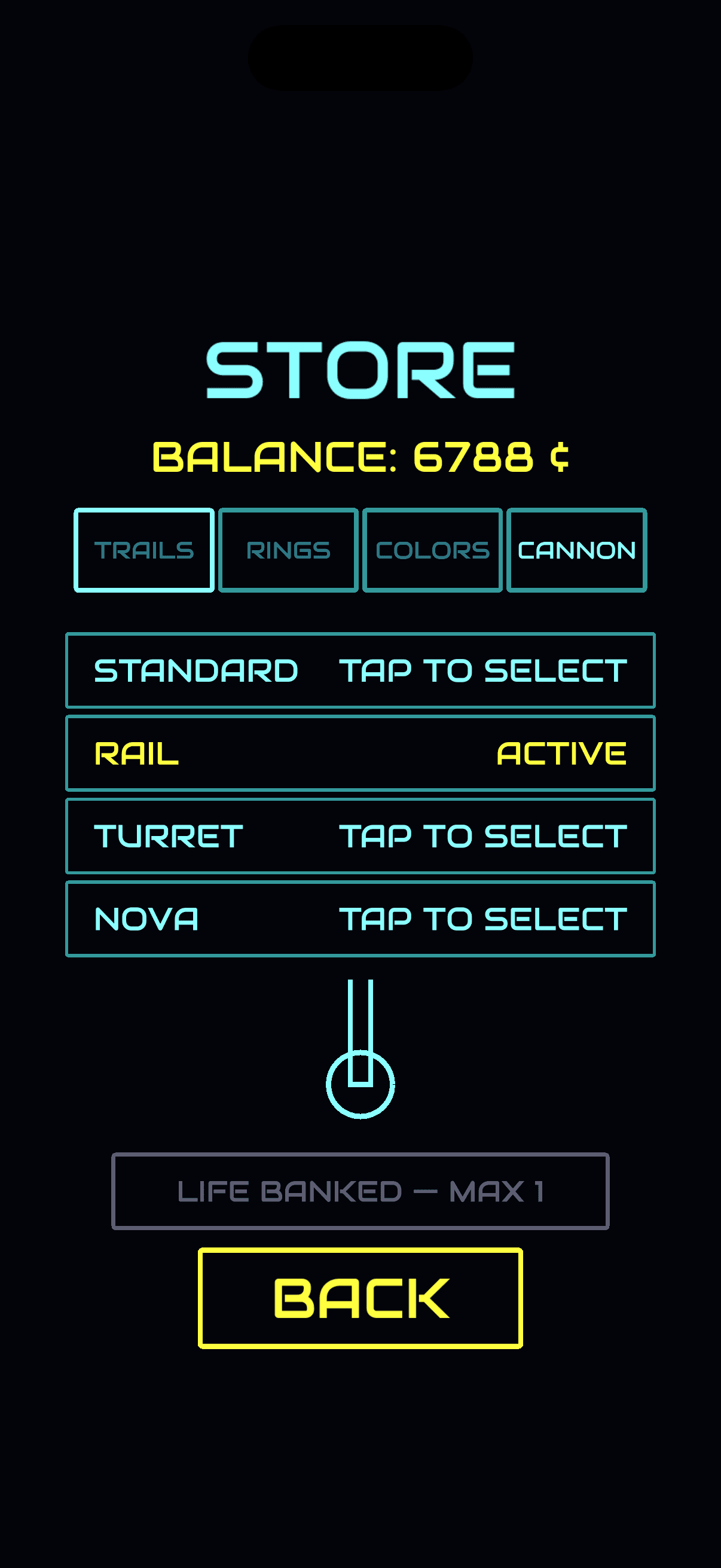 Vector store cannon tab — Standard, Rail, Turret, and Nova cannon skins with a live preview of the equipped barrel.