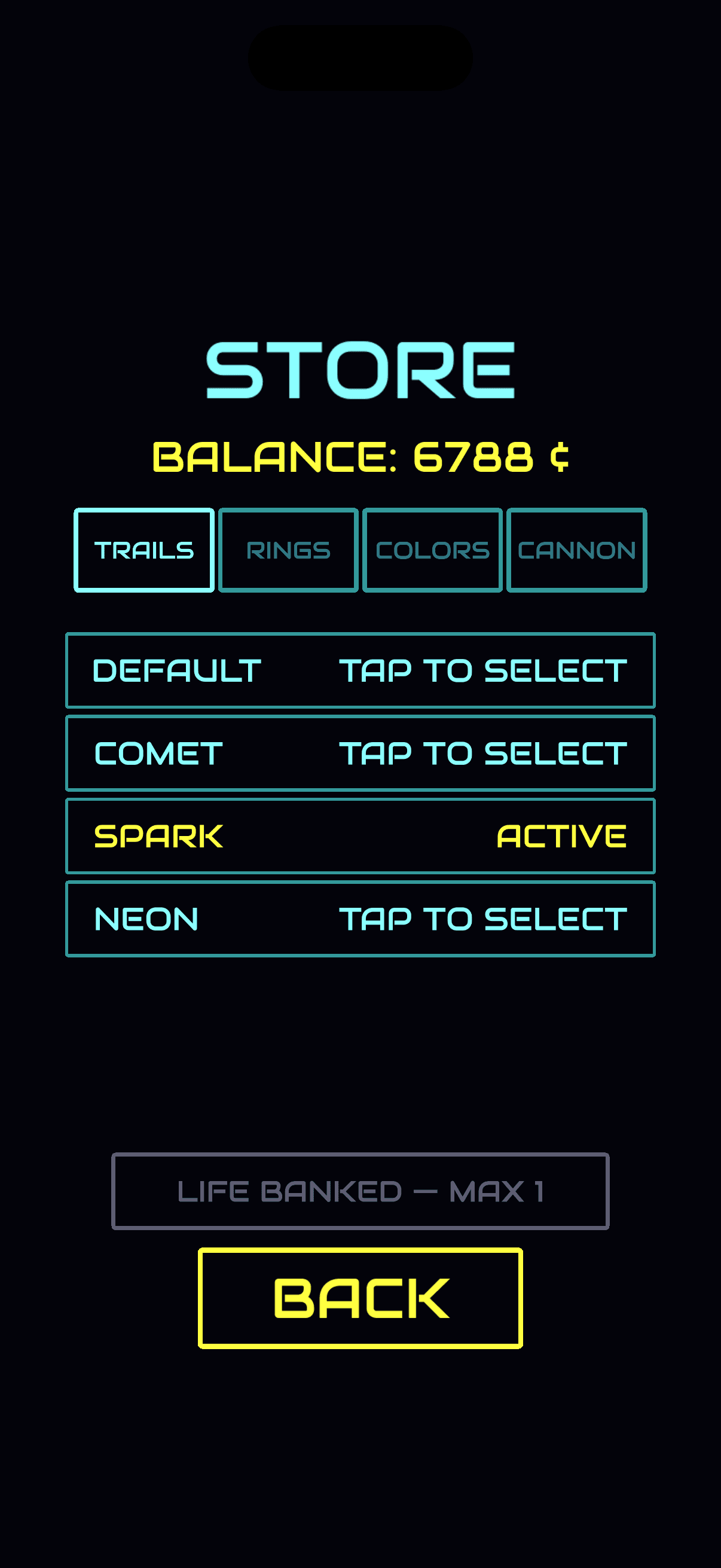 Vector store — Trails, Rings, Colors, and Cannon tabs with a Credits balance and selectable cosmetics.