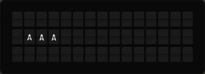Rattleboard Note board, three rows of fifteen tiles, flipping to GOOD MORNING, COFFEE READY, FRI 64°F.